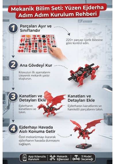 Clemento-ni Uçan Ejderha Kendin Yap 3 Adet Modelli Mekanizmalı Manyetik 220+ Parça Oyuncak Ejderha