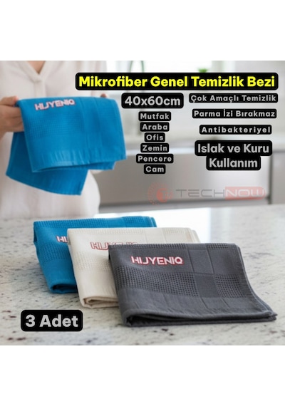 Technow Mikrofiber İngiliz Cam Bezi Mikrofiber Temizlik Bezi Sihirli Bez İz Bırakamayan 3 Adet 60 40 Cm Karışık