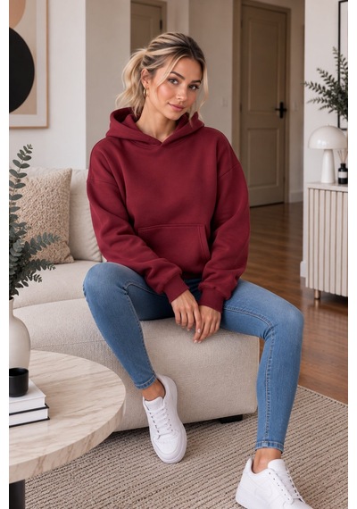 Lima Bordo Kadın Kapüşonlu Oversize Sweatshirt Kanguru Cepli Düz Renk Uzun Kollu Sweat