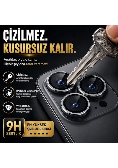 İphone 17 Pro Ve 17 Pro Max Uyumlu Kamera Lens Koruyucu, Gümüş, Orijinal Rengiyle Kusursuz Uyum, Darbe Emici, 9h Temperli Cam, Kolay Kurulum, Anti-reflection Kaplama, Metal Çerçeve