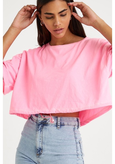 Kadın Neon Yağ Yıkamalı T-shirt Pembe Yeşil