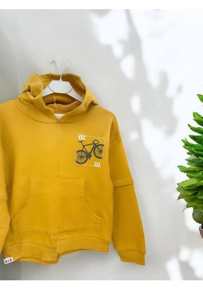 Zekids Erkek Çocuk Mevsimlik Pamuklu Kapüşonlu Kanguru Cepli Sweatshirt-14421 Hardal