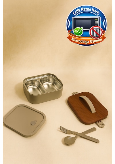 Lunchee - Çelik Bölmeli Sızdırmaz Ahşap Görünümlü Vakum Kapaklı Yemek Kabı Lunchbox 650 Ml Gri