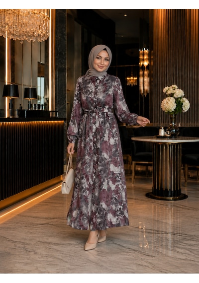 %100 Pamuklu Mango Kumaş Boydan Düğmeli Kuşaklı Tesettür Elbise 135 Cm Desenli Bordo