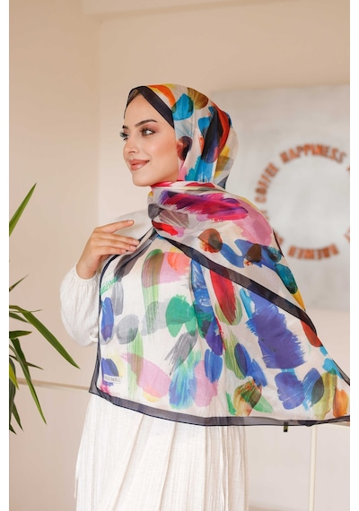 Mimiyum Nayf İpek Şal Pastel Desen - Lacivert - Turuncu