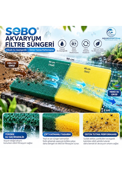 Akvaryum Filtre Süngeri - 90x30x2 Cm - Çift Renk - Yüksek Su Geçirgenlik - Üstün Tutucu Yapı - Yeşil Sarı
