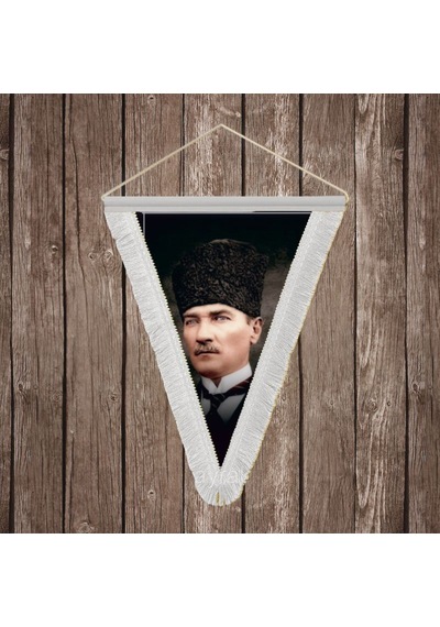 Kalpaklı Gazi Mustafa Kemal Atatürk Portresi Beyaz Saçaklı Üçgen Flama Bayrak Hatıra Flama Ata35 Diğer