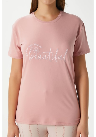 Ritnice Kadın Beautiful Yumuşak Doku Pudra Bisiklet Yaka Kısa Kollu Alt Üst Pijama Takımı Pudra