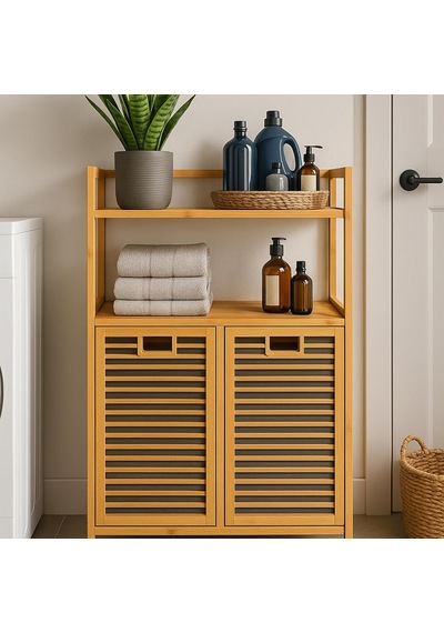 Bambu 2 Kapaklı 240 Lt Çamaşır Dolabı Çamaşır Sepeti Banyo Düzenleyici 90x82,5x33 Cm Açık Raflı Çok Amaçlı Depolama Çok Renkli