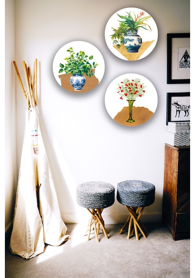 Vazo Vintage Tablo Seti, 3'lü Dekoratif Süs, Oturma Odası, Yatak Odası, Salon, Ofis Duvar Dekoru