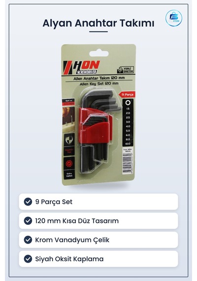 Alyan Anahtar Takımı Siyah Kısa Düz 120 Mm 9 Parça Allen Krom Van