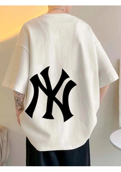 Adrift Unisex Yankees Özel Baskılı Oversize Penye Bisiklet Yaka T-shirt Beyaz
