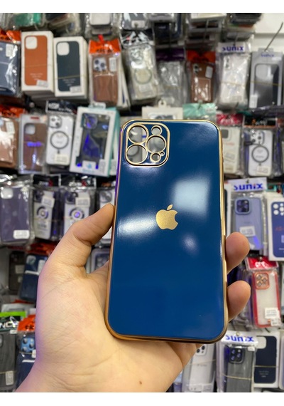 Apple Uyumlu iPhone 12 Pro Max Logolu Voit Parlak Kılıf Mavi Kenarlar Gold