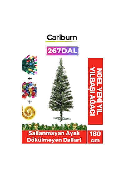 Kutulu Süsleme Seti Yılbaşı Çam Ağacı Renkli Işığı Yeni Yıl 2025 Süsleri Noel Paketi 180 Cm 267 Dal