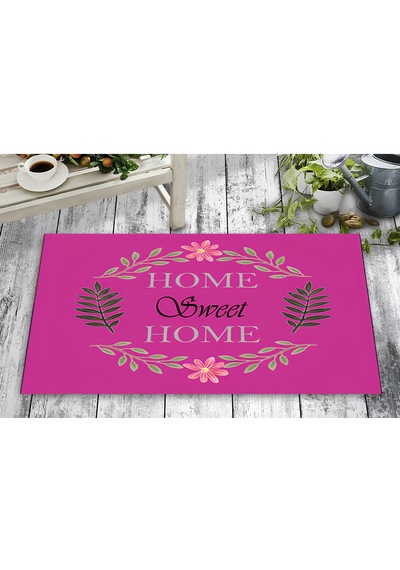 Home Sweet Home Pembe Kapı Önü Paspası Dijital Baskılı, Kaymaz Pvc Tabanlı, İnce Ve Şık Tasarımlı İç Dış Kapı Paspası Pembe - Ekru