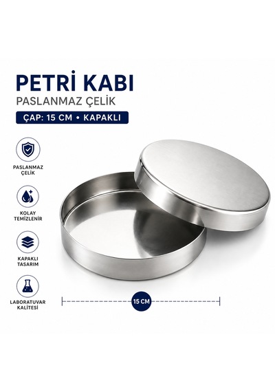 Petri Kabı Paslanmaz Çap 15 Cm Kapaklı