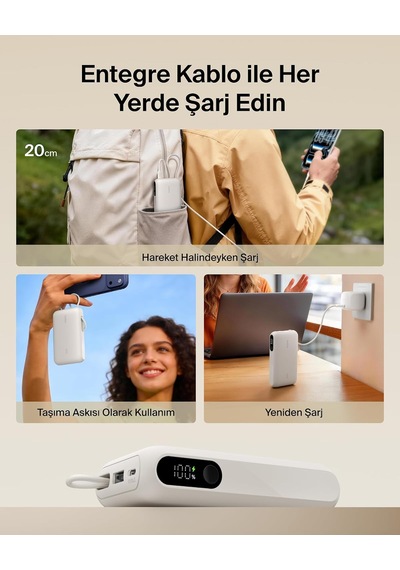 Ultracharge 10000 Mah Usb-c Kablolu Ve Ekranlı Power Bank, Kum Rengi