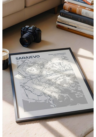 Saraybosna Sarajevo Haritası Çerçeveli Tablo Lüks Salon Ofis Duvar Dekorasyonu Hediyelik Tablo