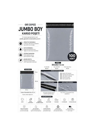 Gri Cepsiz Jumbo Boy Kargo Poşeti 60x62+5 Cm 100 Adet