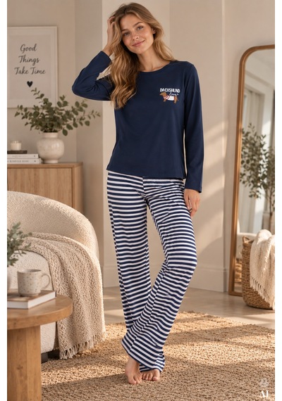 Koza İç Giyim Kadın Pamuklu Çizgili Desenli Baskı Detaylı Pijama Takımı Kk30148 Mavi - Beyaz Koza İç Giyim Kadın Pamuklu Çizgili Desenli Baskı Detaylı Pijama Takımı Kk30148 Mavi - Beyaz