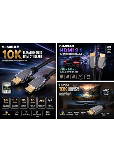 S-ımpuls 10k Ultra High Speed Hdmı 2.1 Kablo 48gbps, Earc, Hdr, Vrr, Metal Konnektör 0.5m