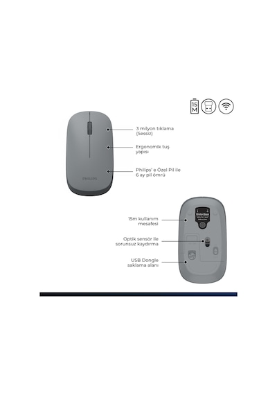 Philips SPK7438 Kablosuz 1600DPI 4 Tuşlu Optik Sessiz Mouse