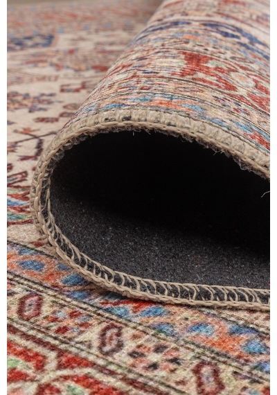 Artloop Folk Krem Kiremit Vintage Etnik Geometrik Desenli Dokuma Tabanlı Şönil Halı Al 593