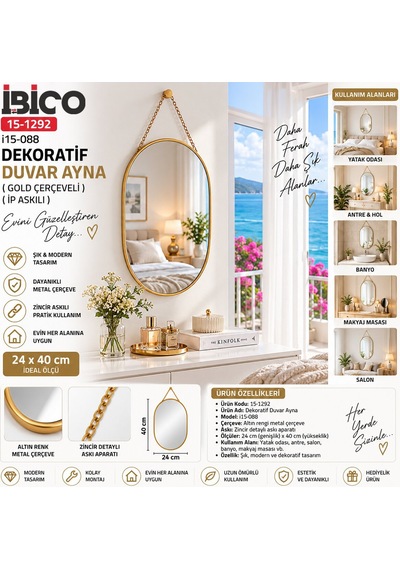 İbico Dekoratif Duvar Aynası Gold Çerçeveli İp Askılı 24x40cm- 18'li Paket
