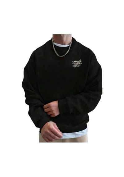 Herkesemoda Charlie Baskı Detaylı Bisiklet Yaka Sweatshirt Siyah Siyah