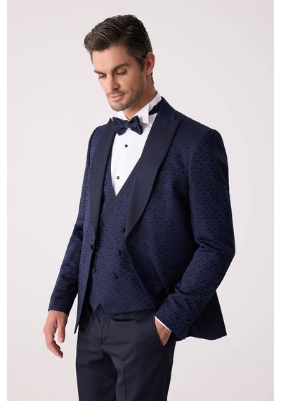 Ysf Erkek Lacivert Damatlık Slim Fit Kırlangıç Yaka Desenli