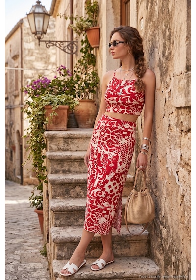 Lela Slim Fit Ip Askılı Yırtmaçlı Midi Alt-Üst Bayan Takım 5865726 Bordo