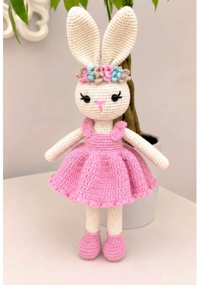 Amigurumi Pembe Elbiseli Taçlı Tavşan Organik Oyuncak