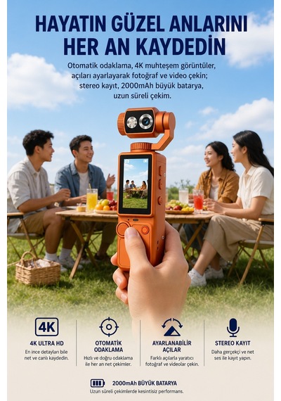 Kalobee Pocket3 Pro 4k Ultra Hd El Tipi Kamera 180 Döner Başlıklı Otofokus Vlog Kamerası Dokunmatik Ekranlı Cep Kamerası