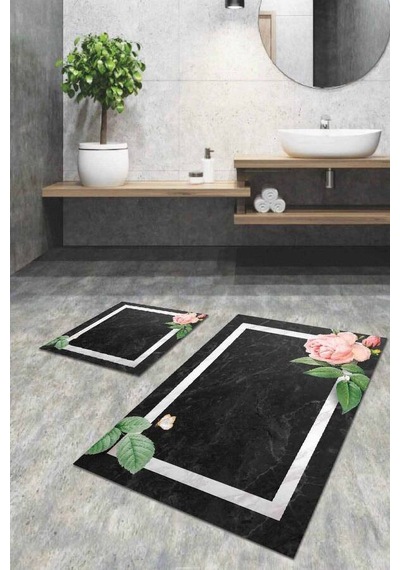 Füme Çiçek Desenli Banyo Halısı Klozet Paspas Seti Bs008n11