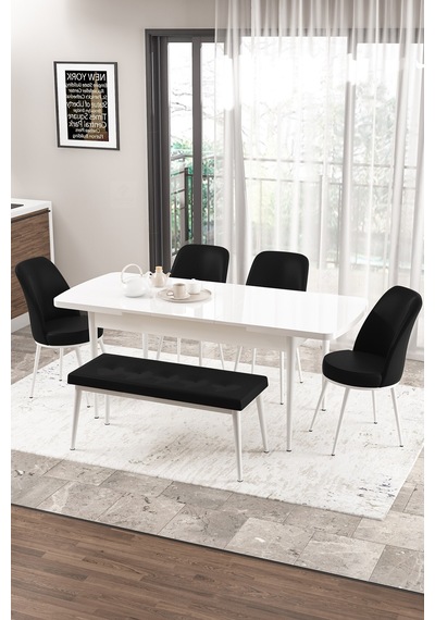 Canisa Concept Zen Serisi 80x132 Mdf Açılabilir Beyaz Masa Takımı 4 Siyah Sandalye Ve 1 Bench Masa Beyaz Sandalye Ve Bench Siyah Canisa Concept Zen Serisi 80x132 Mdf Açılabilir Beyaz Masa Takımı 4 Siyah Sandalye Ve 1 Bench Masa Beyaz Sandalye Ve Bench Siyah