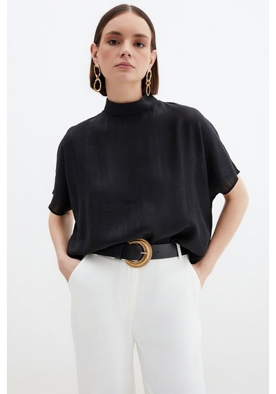 Sateen Desenli Salaş Bluz - Siyah-136689 Siyah