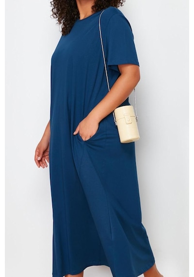 Ersefa Moda Stil Relaxed Bisiklet Yaka Midi Boy Büyük Beden %100 Pamuk Ö Lacivert