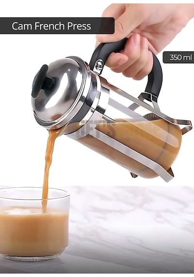 Cam French Press Kahve Demleme Paslanmaz İç Yapı İnox 350 Ml Metalik Gri