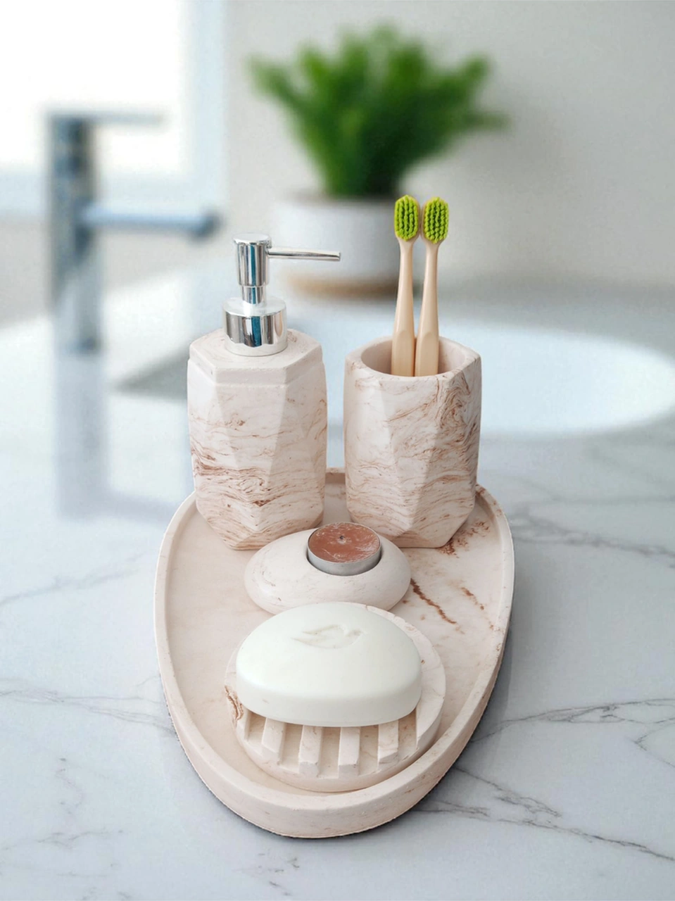 5'li Mermer Desenli Beton Banyo Seti , Sıvı Sabunluk Diş Fırçalığı Aksesuar Bej