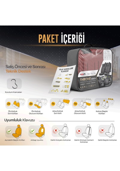 Throne Design Terletmeyen Keten Kumaş Ekstra Destekli Özel Tasarım Universal Oto Koltuk Kılıfı Tam Set