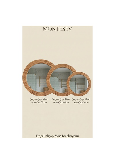 Antik Ahşap Dekoratif Ayna Yuvarlak Banyo Duvar Aynası 56 Cm Naturel