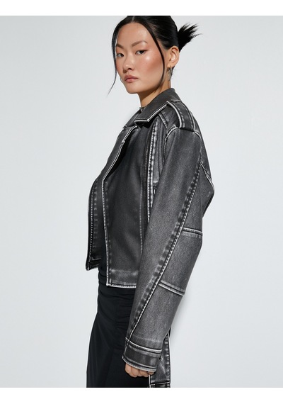 Koton Crop Biker Ceket Suni Deri Kruvaze Fermuarlı Gri 4sak20022ew