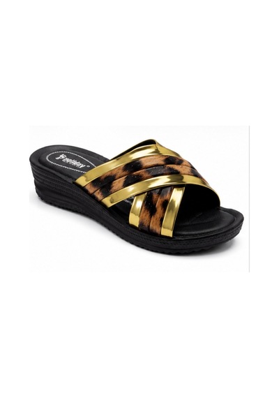 N Napa Shoe Pld.2002.gold Kadın Dolgu Topuk Leopar Desenli Çapraz Bantlı Günlük Terlik Siyah/gold