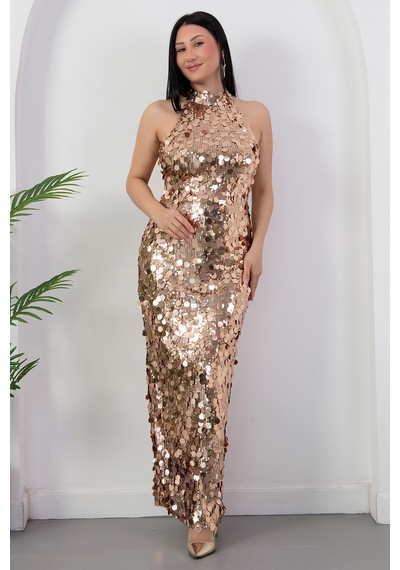 Kalopya Halter Yaka Büyük Pullu Elbise Abiye Ecr6094 Gold