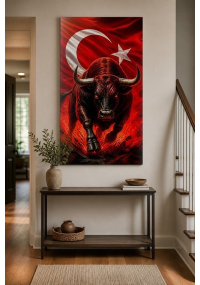 Türk Bayraklı Kızgın Boğa Baskılı Cam Tablo Uv Baskı Dekoratif Duvar Tablosu