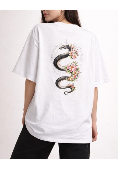 Yılan Ve Desen Sırt Baskılı %100 Pamuk Oversize T-shirt Beyaz