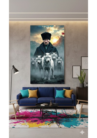 Türk Bayrağı Atatürk Ve Bozkurtlar Tablo Milli Duruş Dekoratif Poster
