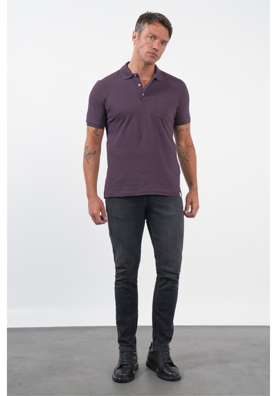 Mor Polo Yaka Kısa Kol Cepli Comfort Fit Pamuklu Tişört 1011260155 Mürdüm