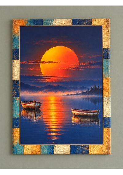 Renk Bloklu Eskitme Çerçeve Desenli Kızıl Günbatımı Ve Sandal Temalı Dekoratif Ahşap Tablo 52x72 Cm