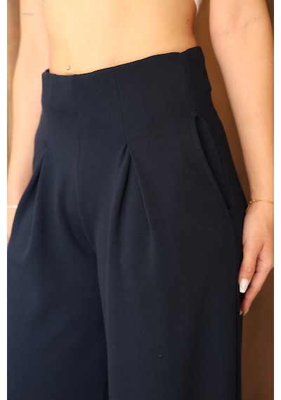 Ozy Fashion Kadın Modal Kumaş Yüksek Bel Pileli Geniş Paça Cepli Eşofman Altı Lacivert